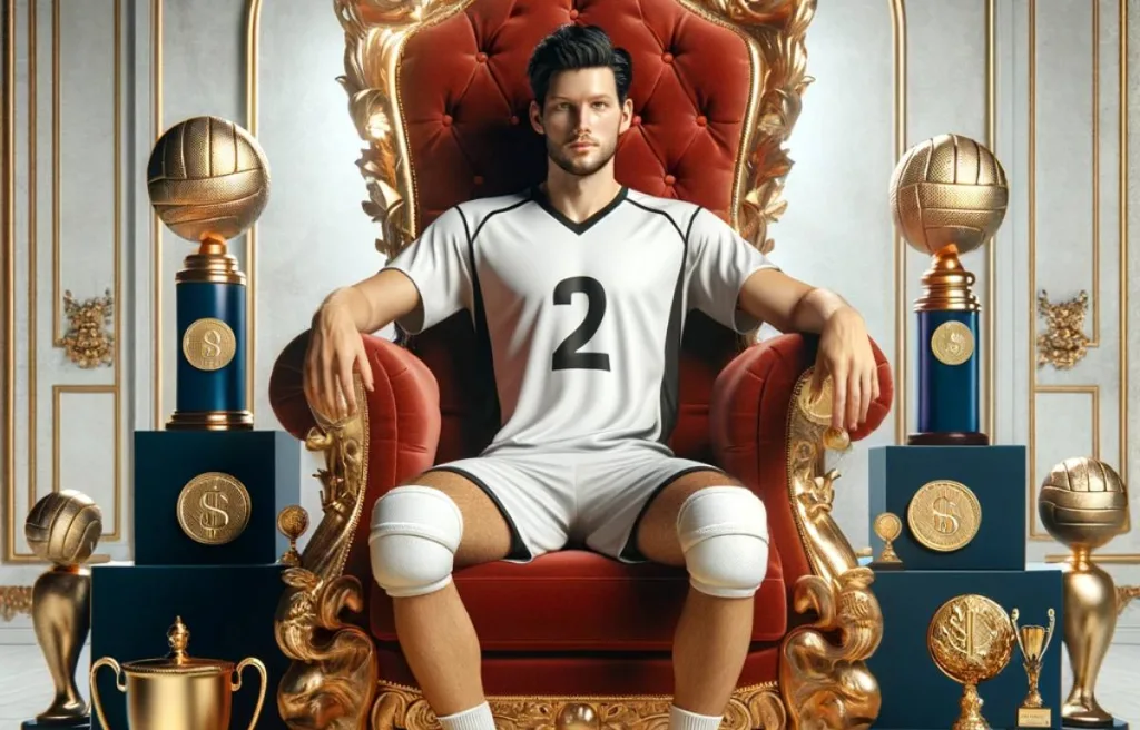 A volleyball player sitting on an illustrated throne