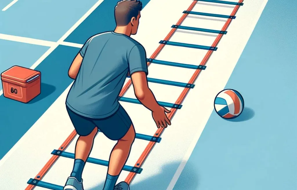 The image shows a player at one end of a flat agility ladder on a volleyball court, ready to start the drill