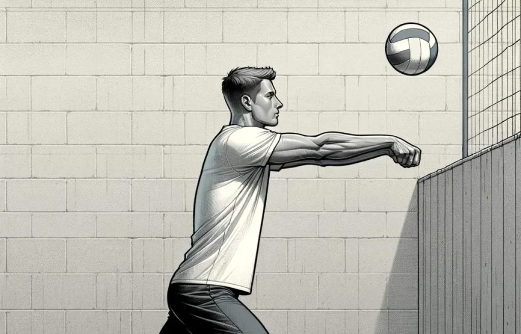 This image features a player practicing the drill by standing an arm's length from a wall on a volleyball court, focusing on passing the ball
